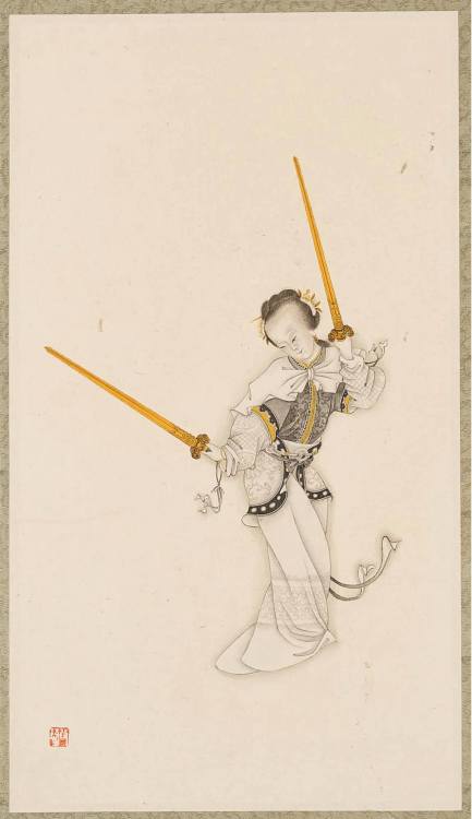 Sword Dancer from of album of eight leaves by Gai Qi (1774-1829), exquisitely depicting a historical