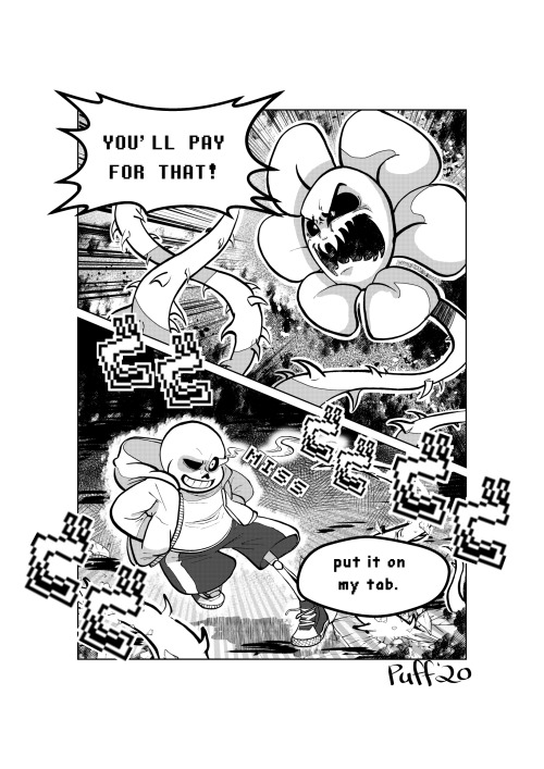 A commission for Rage-o-Rama on dA who wanted a shounen style manga page of Sans and Flowey facing o