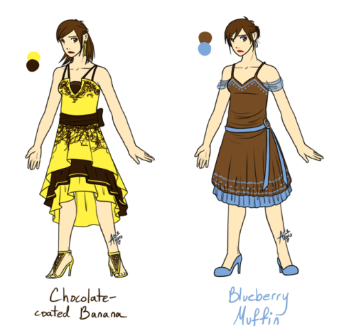 Dresses designed for the group event alluded to here.They’re all based on delicious foods because am