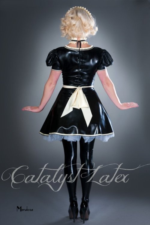 catalystlatex:  Stunning amazing new set in from Retro Photostudio Page of our newly designed French Maid Dress, complete with pinnie, hat and new choker. Model Jeanie Wishes http://www.catalystlatex.com/dresses/item/70-latex-french-maid  