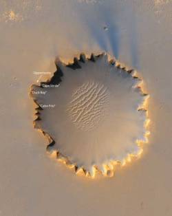 atomstargazer:  Victoria Crater on Mars  Victoria Crater at Meridiani Planum This image from the High Resolution Imaging Science Experiment on NASA’s Mars Reconnaissance Orbiter shows “Victoria crater,&ldquo; an impact crater at Meridiani Planum,