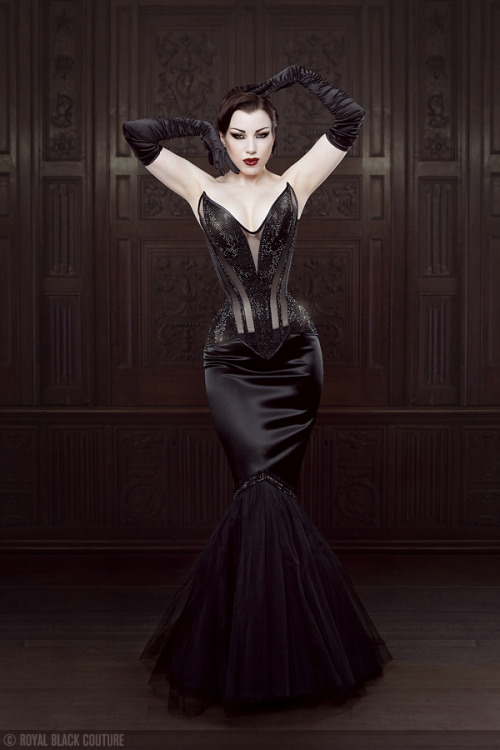 threnodyinvelvet:  New picture for the amazing Royal Black Couture & Corsetry, showcasing her latest creation “Divina”It is a sheer overbust corset, decorated with ~7000 Swarovski crystals and a satin fishtail skirt with tulle flounce and some