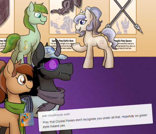 ask-king-sombra:  LET’S GET READY TO LEEEARNNN((Featuring ask-ickle-muse‘s Flugeltoot and askopalescentpearl!))  I’m surprised he didn’t crack up at hearing the name for the “fannypack”. <w<