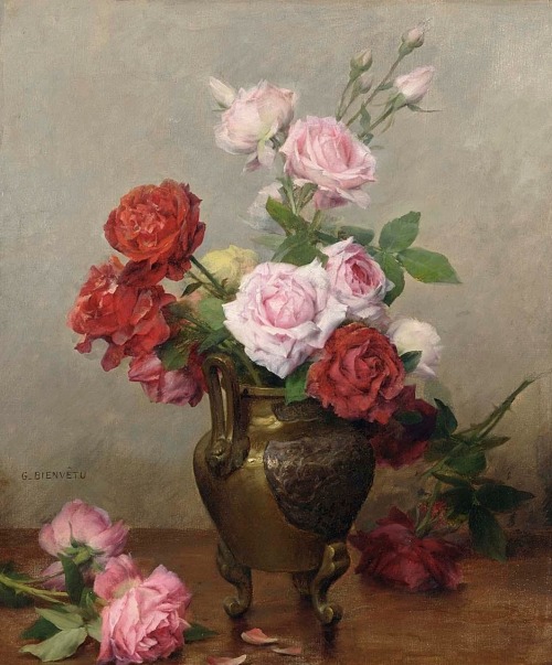 Roses in a stone jug.Oil on Canvas.55 x 46 cm.Art by Gustave Bienvêtu.