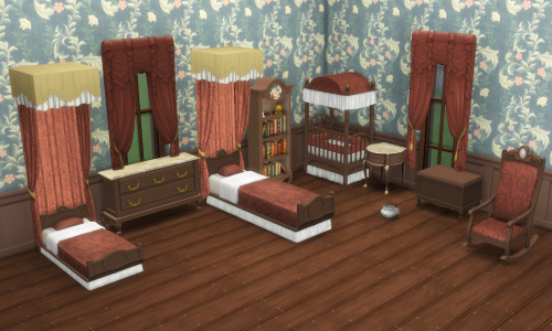 TS4: Antique Nursery Setincludes 11 items: toddler’s bed, child’s bed, crib, bed canopy, curtains, b