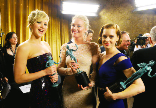 Jennifer Lawrence, Elizabeth Rohm and Amy Adams after winning Outstanding Performance by a Cast in a