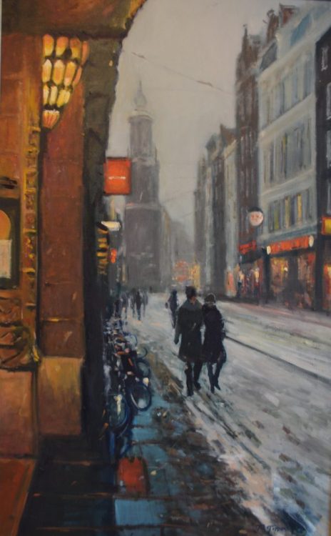 Winter on the Regulierbreestraat Amsterdam  -   Jan Pieter FoppenDutch,b.1972-Oil on canvas, 95 x 60