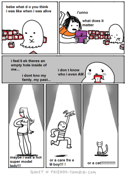 ghostnfriends:  ♪ who am I ♬ can I conceal myself for evermore ♫ pretend I’m not the man I was beforeee ♪ | more ghost and friends comics | Thanks to my mom for helping write this comic!!!