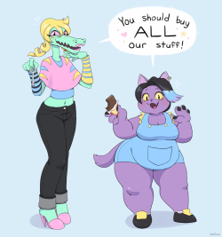 yellowdraws:  My favorite pair of sales girls who sell you literal garbage   Too cute omggg