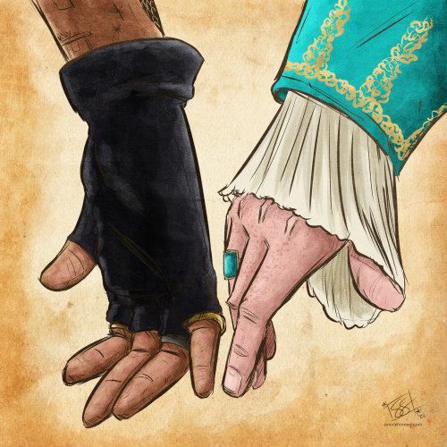 Close-up of Ed and Stede's right hands, drawn as if they were walking past each other. They are separated only by a few millimeters, subtly reaching towards one another, but not touching.
