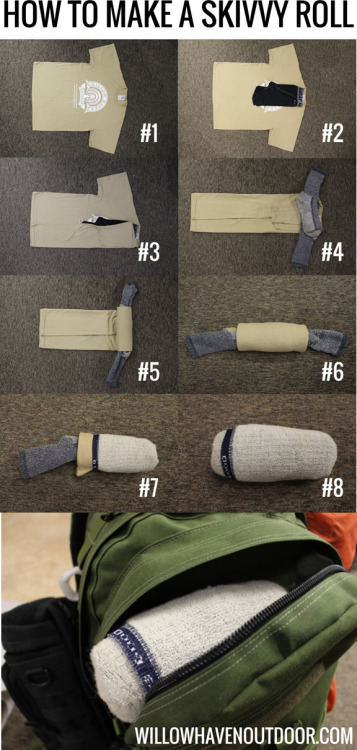 DIY Skivvy Roll Tutorial from Willow Haven Outdoor i.e. socks, tee and underware bundle. This is fro