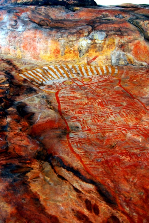 Aboriginal rock art showing Wandjina figures at Truscott, the Kimberley, Western Australia. Some sug