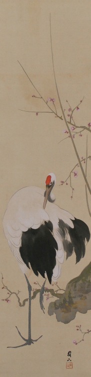 Early spring by the artist Miyata Shizan (-1971). Japanese hanging scroll painting.