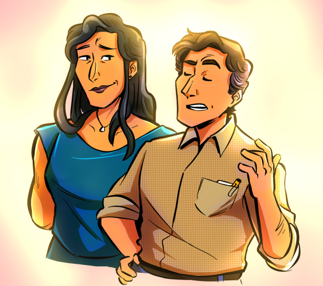 Cirrus and Clash from Wake of the Clash in plainclothes. Cirrus gives Clash a side eye as he talks about something, waving his hand in the air. The lighting is soft, and glows from behind them. Cirrus is missing the scars on her face. They both look younger than they are in the comic.