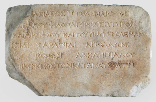 theancientwayoflife:~ Plaque with Greek dedication to Isis, Serapis and Apollo by Komon for the bene