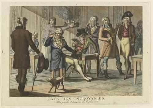 history-of-fashion:Satirical etchings about incroyables and merveilleuses1. 1797 Anonymous - Café de