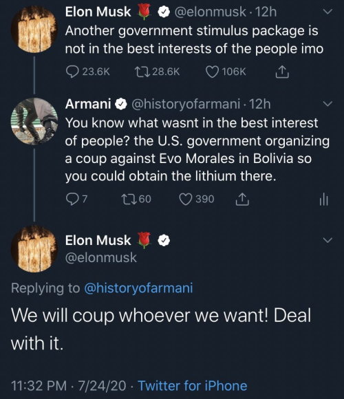 justsomeantifas: justsomeantifas:  justsomeantifas: Apartheid Elon strikes again.  Reminder that Tesla stock climbed for months after the Bolivian coup and back in February: “Samuel Doria Medina, candidate for vice president of Janine Áñez, revealed