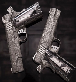 awesome-is-everywhere:  These guns are made from a meteorite that fell in Africa eons ago. They are selling for 4.5 million dollars making them the most expensive pistols in the world.