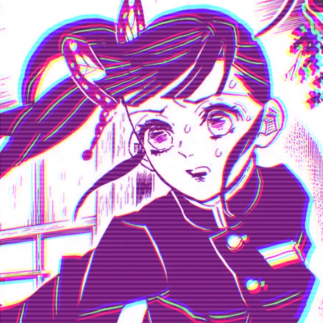 an icon of kanao from demon slayer manga. it has a purple filter. she is running and looks panicked.