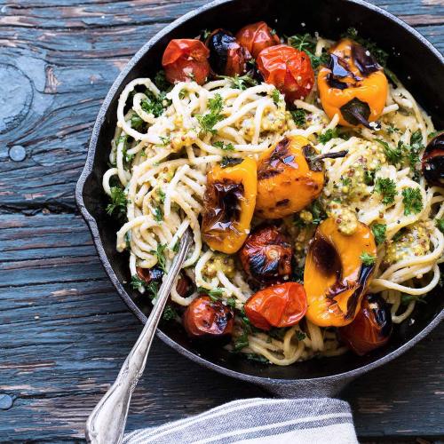 Grilled Vegetables and Hummus Spaghetti