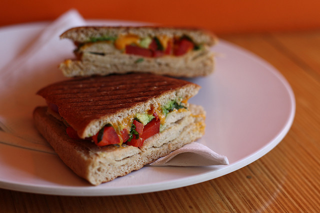 vegan-yums:  Vegan Chicken Avocado Panini by sweeteats on Flickr. 
