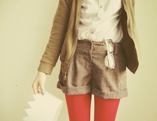 Red tights, tweed shorts. (from him)