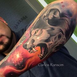 tattoosnob:  Cosmic Wolf by @carlosransom