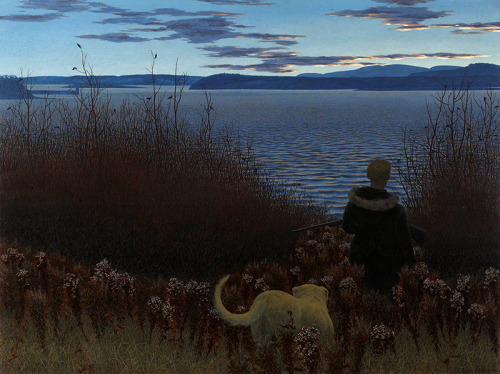 huariqueje:  Dog, Boy, and St. John River   -  Alex Colville  1958  Canadian  1920-2013  Oil and syn