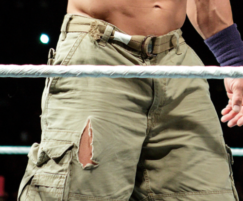 rwfan11:  John Cena- ripped shorts …I feel like this is the most skin we have seen from him in YEARS! LOL! :-) ….time to drop those shorts John!