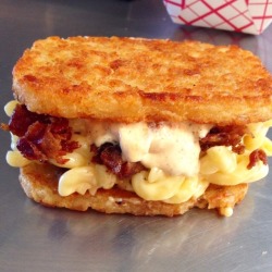 higheramerica:Cannabis Infused Mac &amp; Cheese, Bacon, and Hash Brown sandwich.