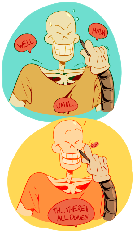 creepyknees:    i like to draw characters giving each other makeovers a lot so i had a little problem when it came to papyrus…and then i remembered that cute part from home…anyway makeovers are good, give yourself a makeover today?         