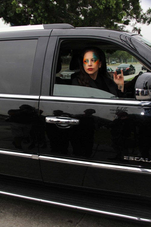ladyxgaga:  Gaga arriving at AMP Radio in Los Angeles earlier today. 