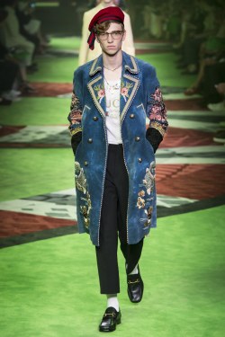 hausofloue:Gucci #MCM Menswear S/S 2017. Blue Embroidered Felt Coat and Gold Buckle Black Mocassin.