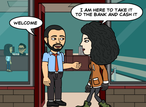 Zlatko welcomes Sayya into the bank.
