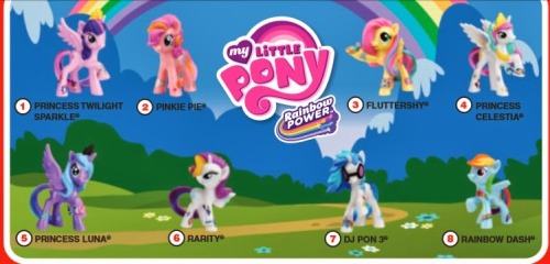 raikissu:  fuckyeahrarity:  myponynews:  Next set of McDonald’s Happy Meal ponies! And it looks like they will be getting the Rainbow Power treatment. Twilight Sparkle, Pinkie Pie, Fluttershy, Rarity, Rainbow Dash, DJ P0N-3, Princess Celestia, and Princes