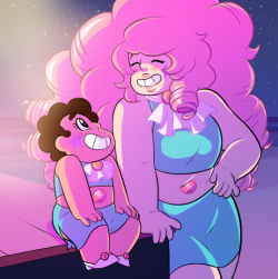 jigokuhana:  I’ll get back to drawing fusions in a bit, but I had to draw some fanart for tonight’s episode~&lt;3 Even if this scenario is impossible. You just know Steven &amp; Rose would kill at Beach-a-Palooza as a mother/son duet~ ^v^ 