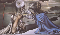 pixography:  Salvador Dali ~ “Tristan and Isolde”, 1944  The figures of Tristan and Isolde depicted on this massive canvas were painted by Dali in 1944 as a backdrop for the ballet Bacchanale, performed to Wagner’s music and presented for the first