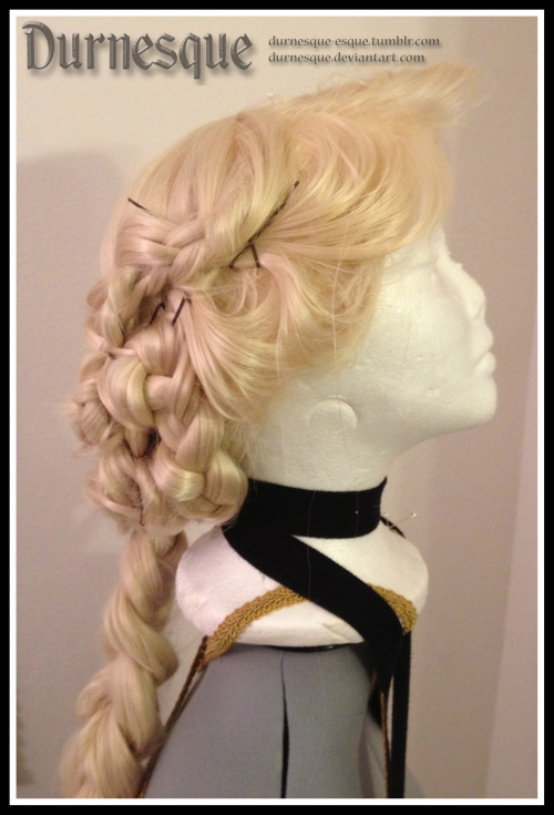 durnesque-esque:  durnesque:  I have been working on restyling Cinderella and Rapunzel wigs for the past two days… I hate them both. They look fine, but I honestly HATE working with wigs. Give me real hair any day of the week.  Going to add flowers