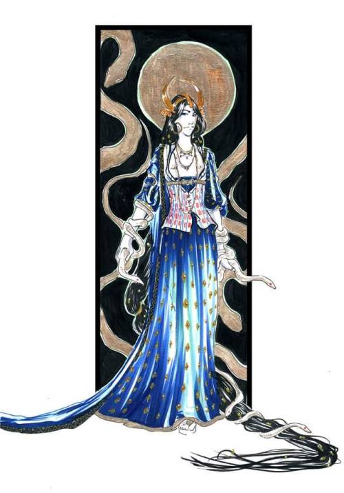 Ariadne, Queen of Knossos and Dyonisus&rsquo; wife. Inks, copic and gold watercolor. From my web
