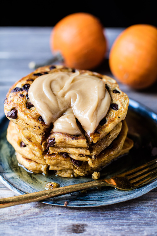 sweetoothgirl:  Chocolate Chip Pumpkin Pancakes with Whipped Maple Butter  