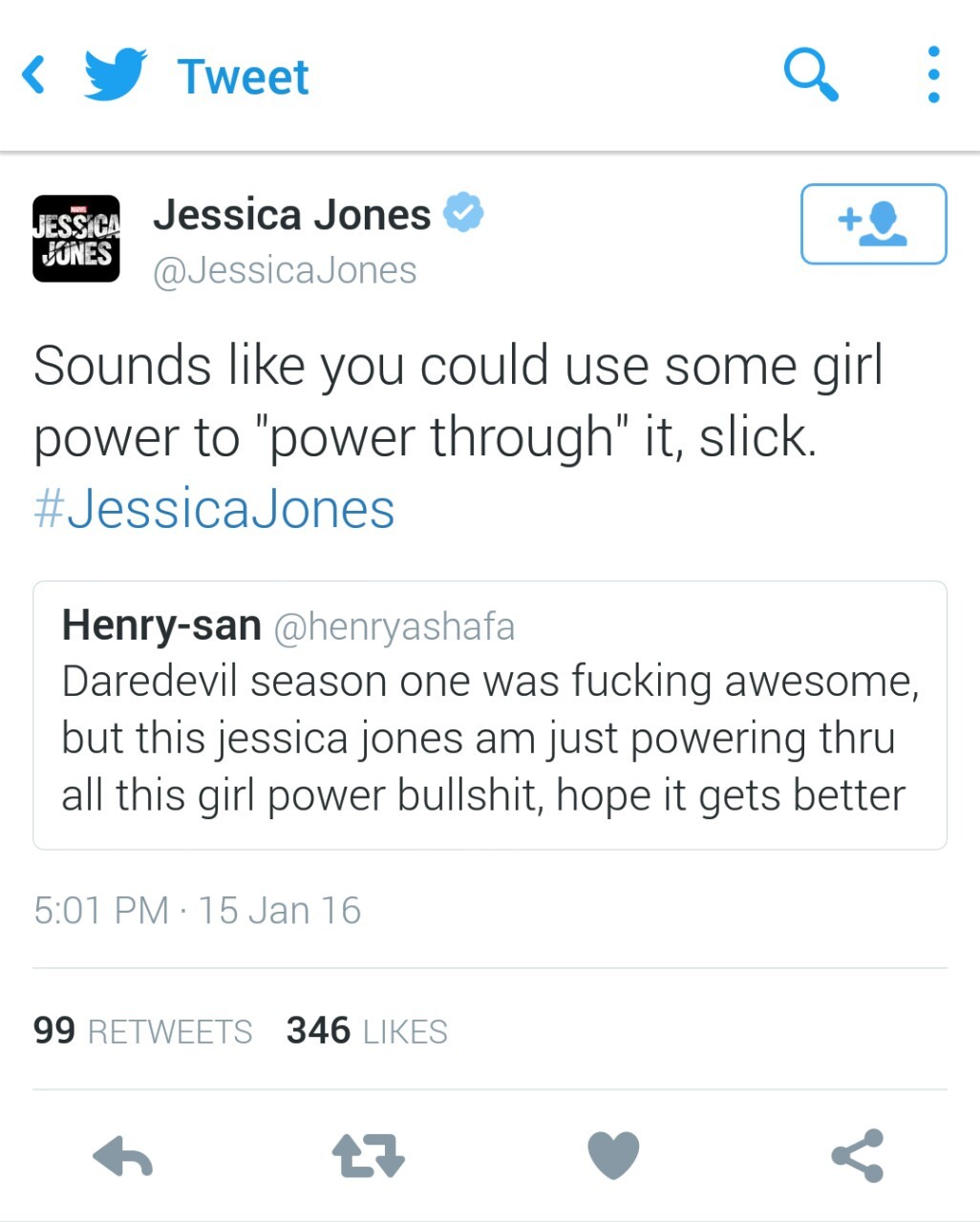 bethanyactually:  jessicajones:piccolina-mina:Whomever runs the Jessica Jones twitter