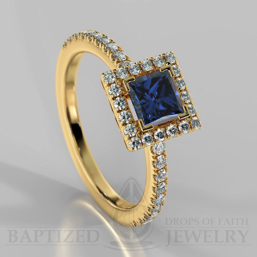 Princess cut 14K gold Halo engagement ring with blue sapphire (0.5 carat center stone + 0.25 carat s