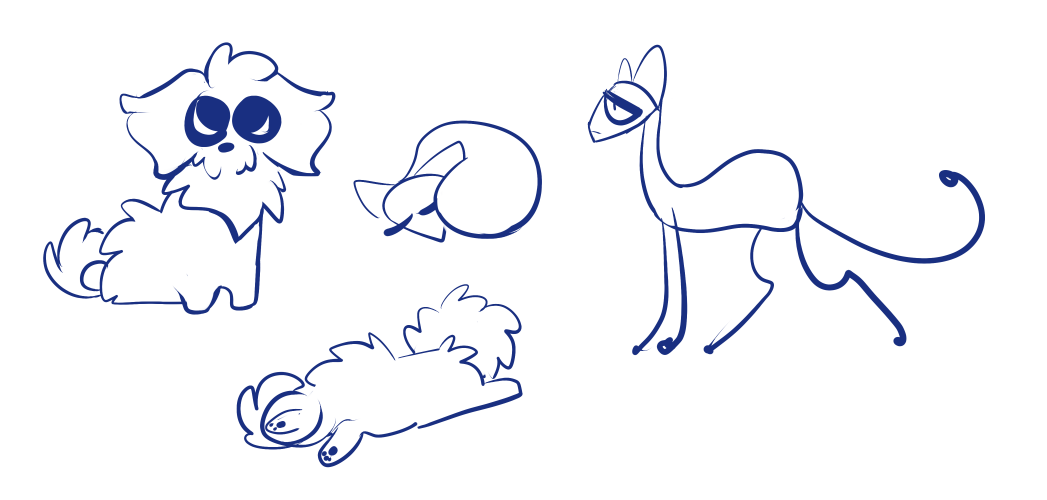 simplified drawings of fluffy dog with big pleading eyes, sleeping that is just a head and one spiraled line, plooting dog with tiny toe beans, and side view of cat. his back feet are splayed far apart.