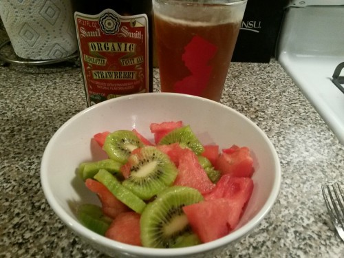 lifesustainingmeasures:Late late late dinner of Kiwi, Watermelon, and an amazing craft fruit ale.A g