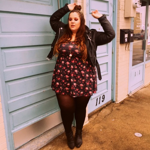 nataliemeansnice:leather//floral//wishing for spring.   jacket: angryyoung&poor  dress: target.  tights: welovecolors.  boots: forever21.  purse: forever21.