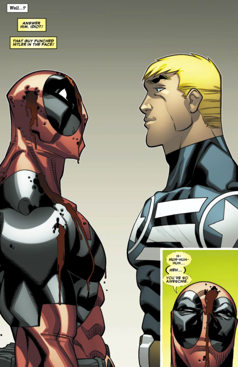 nudityandnerdery:  peterssquill:deadpool could never b in an avengers film bc he’d shit on their entire existences too much……:they’re easy targets & their self esteems would never recover   Except for Cap. Deadpool has nothing but respect