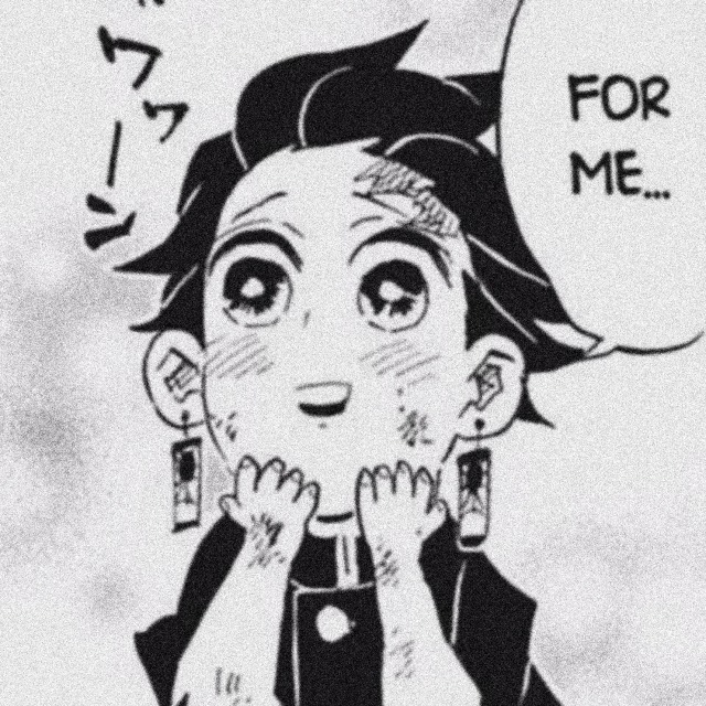 an icon of tanjiro from demon slayer manga. it is drawn in a goofy fashion. he looks longingly to the left and holds his hands to his chin. he says "for me..." with a small smile.