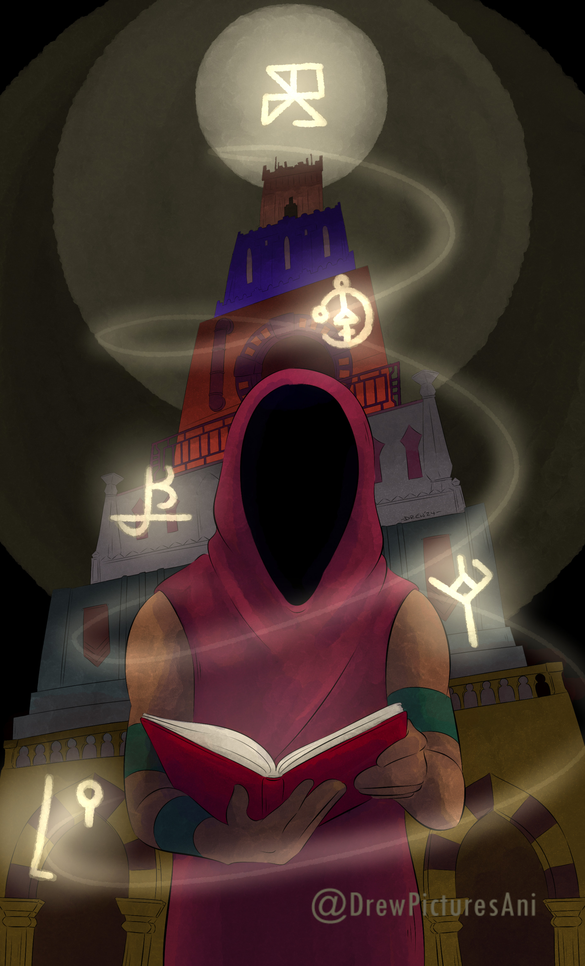 A digital illustration of The Traveller, the main character from the puzzle game Chants of Sennaar. They are a humanoid figure in a long red robe, with a hood that obscures their face in shadow completely. They are holding an open red journal. Behind them looms the tower - each section drawn with the stylised colours and architecture found in-game. Around the traveller swirl a series of glowing glyphs in the style of each language from the game. The devotees' shows a mix of 'person' and 'up/great'. The warriors' is a combination of 'person' and 'go/pass'. The bards' is a combination of 'free' and 'person'. The alchemists' is a combination of 'open' and 'person'. Finally, the anchorites' is a combination of 'key' and 'talk', and sits at the peak of the tower.