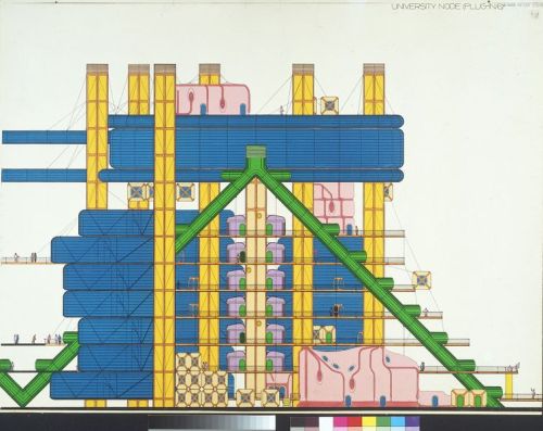 Peter Cook, architectural drawing - University Node (Plug-In/6) 1965                                