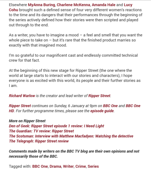 corpyburd:Piece by Richard Warlow on writing Ripper Street